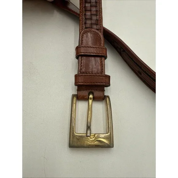 Cole Haan Brown Leather Belt Basket Weave Mens 32 Made USA 1" Brass Buckle - Picture 2 of 7